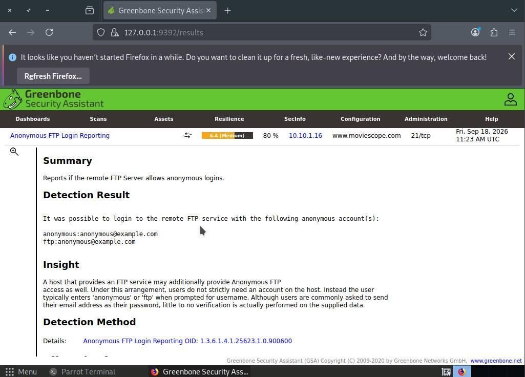 OpenVAS result detail for anonymous FTP login